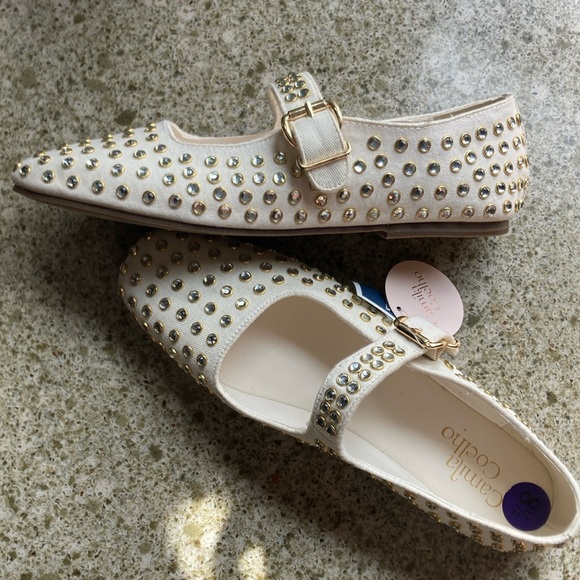Camila Coelho Princess Cream Studded Mary Jane Flats Canvas Jewel Embellishments - Picture 1 of 11